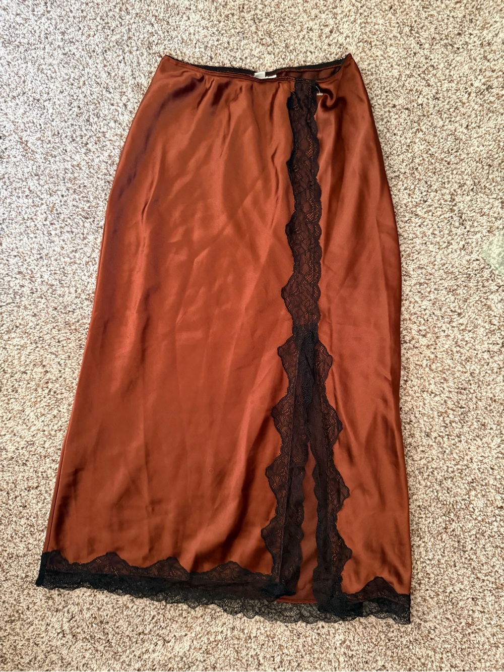 Topshop Rust Satin Midi Skirt with Black Lace Detail